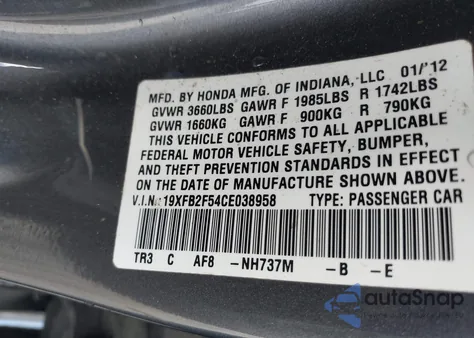 2012 Honda Civic Lx from USA, damaged, VIN 19XFB2F54CE038958